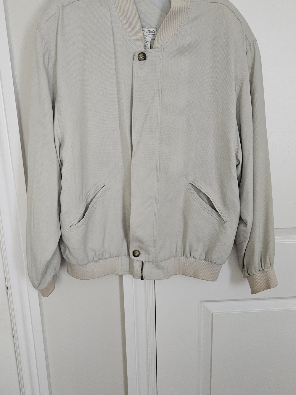 Men's Light Beige Bomber Jacket - Classic Casual Coat,  100% Silk, Size L.